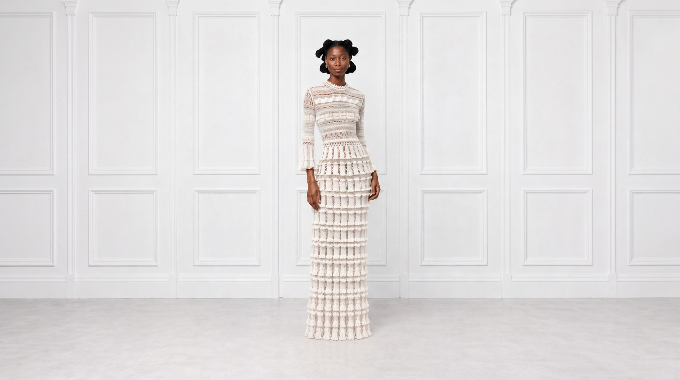 Alice Lee — cream tasselled knit gown in a panelled studio